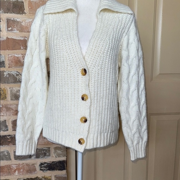 Wonderly Chunky Shawl Collar Cardigan White Cable Knit Sleeve Sweater Sz S - Picture 4 of 12